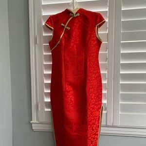 Red Woven Floral Long Qipao/Cheongsam Dress